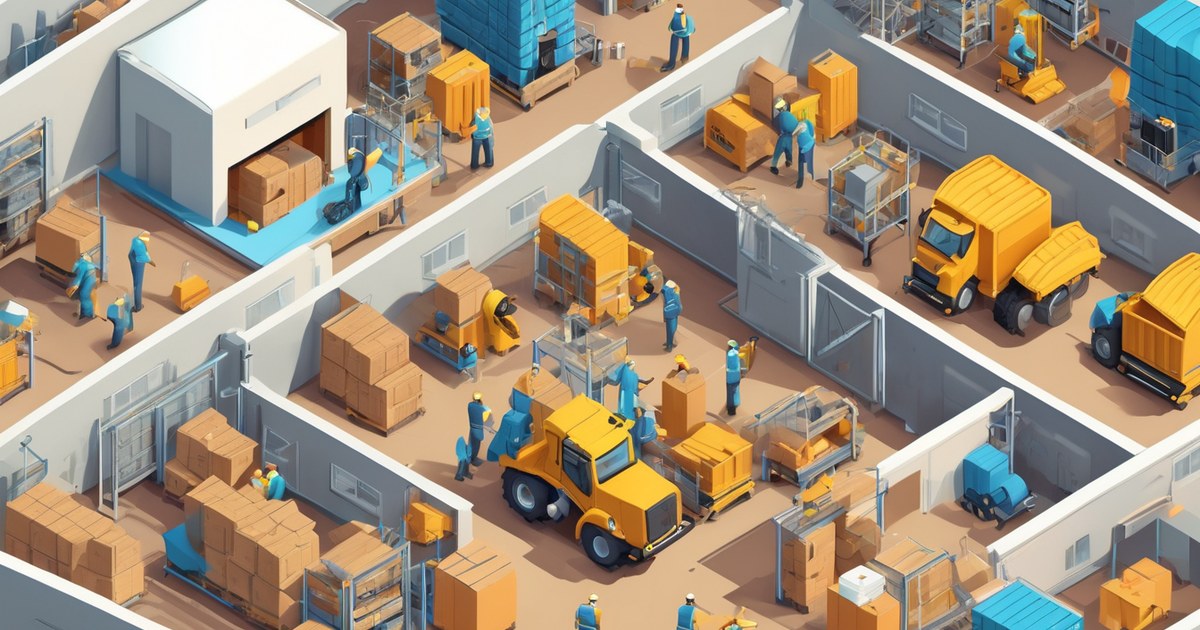 A wide warehouse interior with loading docks and aisles, with subtle camera-view frames overlaid on different zones of the building
