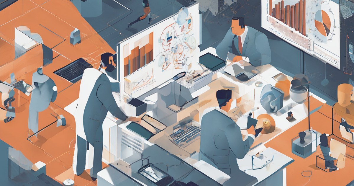 A small team of friendly illustrated robots passing notes through a shared filing cabinet, with a person at a desk reviewing and stamping one of the notes