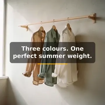 Three linen shirts on a wall rail, caption: Three colours. One perfect summer weight.